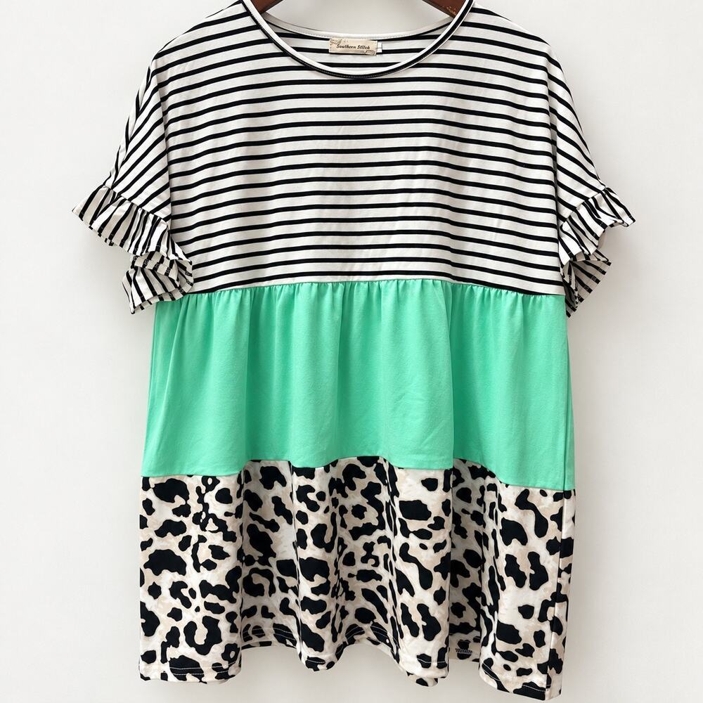 Southern Stitch Womens L Leopard Striped Colorblock Babydoll Ruffle Tunic Top